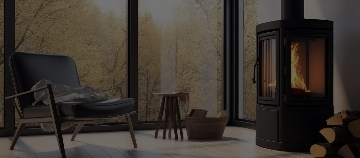 A stove beside large windows