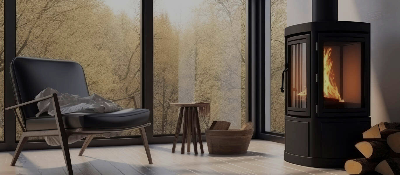 A black stove beside floor-to-ceiling windows